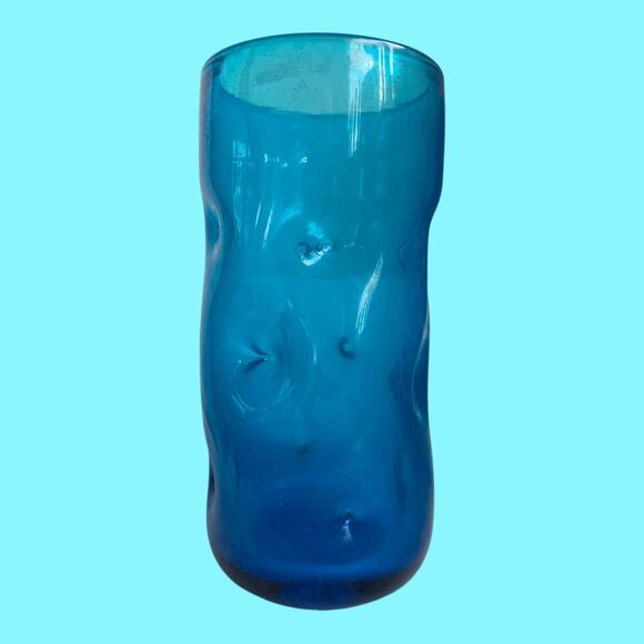 Vintage Single BLENKO Dark Blue Pinched Dimple 6.25” Handblown Glass Tumbler - Picture 6 of 8